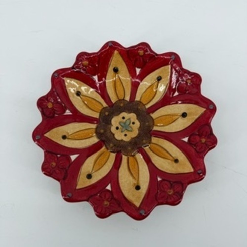 Pier 1 Imports Carynthum Floral Earthenware Scalloped Plate Red Yellow 7.75in